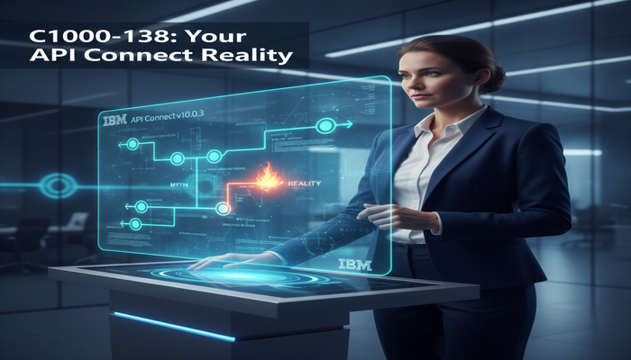 C1000-138: Your API Connect Reality A professional analyzing a glowing holographic roadmap representing the IBM API Connect C1000-138 exam preparation, symbolizing a reality check for implementation strategies and debunking myths.