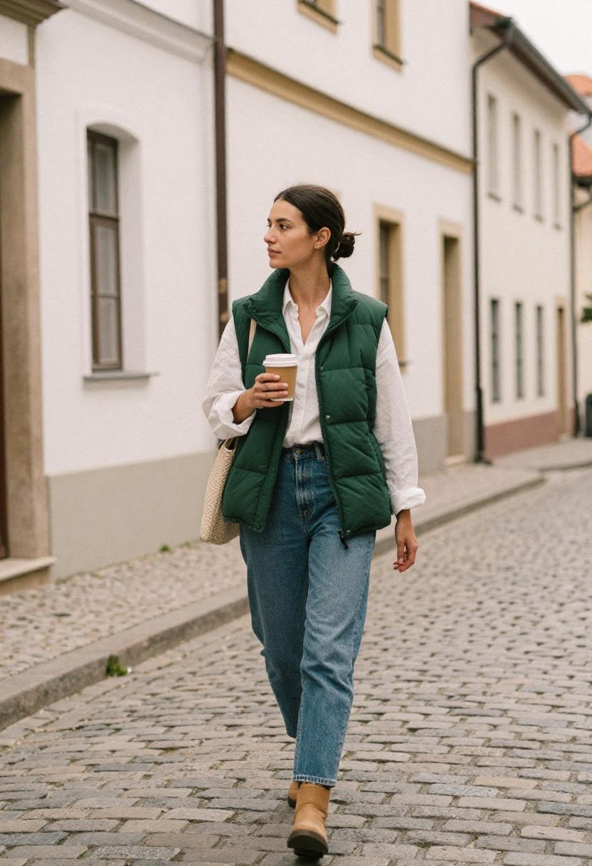 Forest green puffer vest over linen shirt with ankle boots on cobblestone street spring look