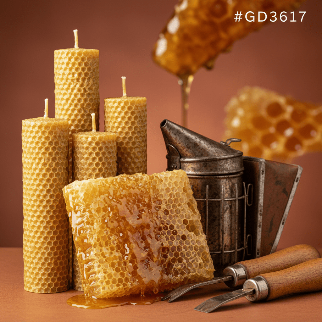 A close-up of pure beeswax candles beside a honeycomb and beekeeper tools, natural texture, golden wax tones, clean studio lighting