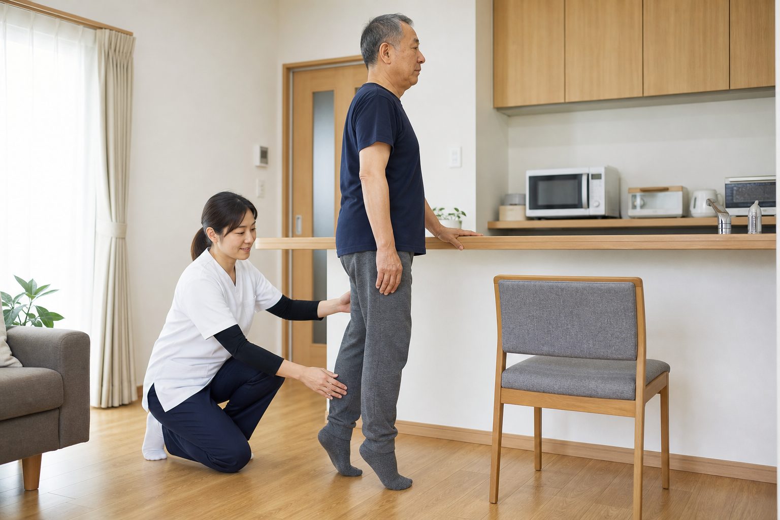 安定した支持物を使って踵上げ運動を行う高齢者と見守る作業療法士