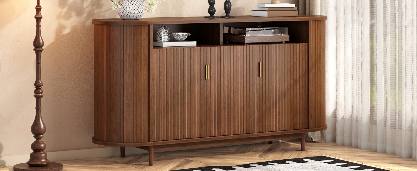 Buffet Noyer, 3 Portes, Rangement, Design Moderne, Angles Arrondis, Structure Robuste - 140x40x78cm - Salon et Salle à Manger 1