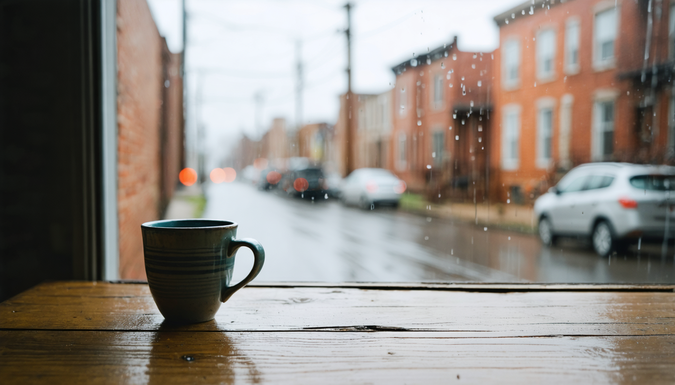 A single ceramic cup on a bare table in gray morning light near a rain-streaked window overlooking a quiet urban street.