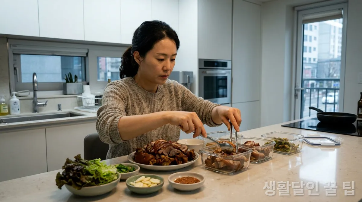 30대 한국인이 남은 족발을 소분하여 밀폐 용기에 담는 모습, 깔끔한 주방 배경