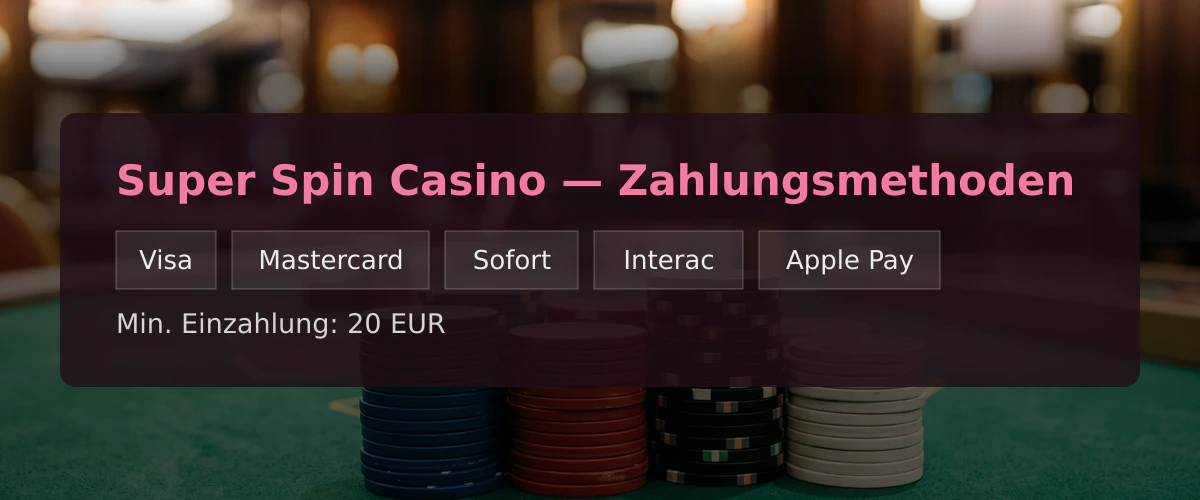 Super Spin Casino — Zahlungsmethoden: Visa, Mastercard, Sofort, Interac, Apple Pay
