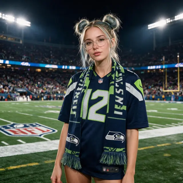 A girl with double bun hairstyle and light sporty makeup with natural glow, wearing Seattle Seahawks fan gear including jersey and scarf, standing on the sideline during Super Bowl 53 at Levi’s Stadium in San Francisco, full-body view, confident relaxed pose, normal clear-lens glasses, bright stadium lights illuminating the field, packed crowd in the background, NFL branding and field markings visible, night-game atmosphere, cinematic sports photography composition, shallow depth of field, ultra-realistic, high detail, professional sports event photography style