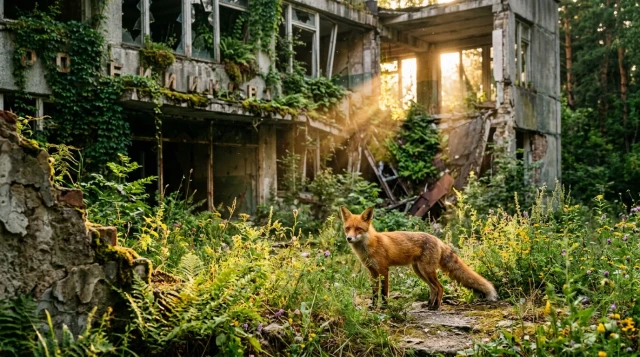 Red fox standing amid overgrown ruins in Chernobyl exclusion zone at golden hour