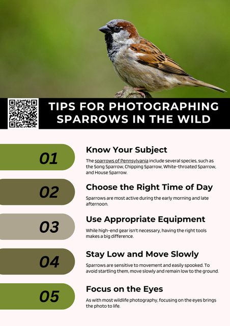 Photographing sparrows in the wild requires patience, silence, and attention to detail. Use a telephoto lens to capture close-ups without disturbing them. Early mornings offer the best natural light and bird activity. Focus on natural habitats, such as shrubs or open fields. Knowing the behavior and flight patterns of sparrows of Pennsylvania will improve timing and composition for perfect shots. To know more visit here https://wildbirdguide.com/local-birds/american-tree-sparrow/