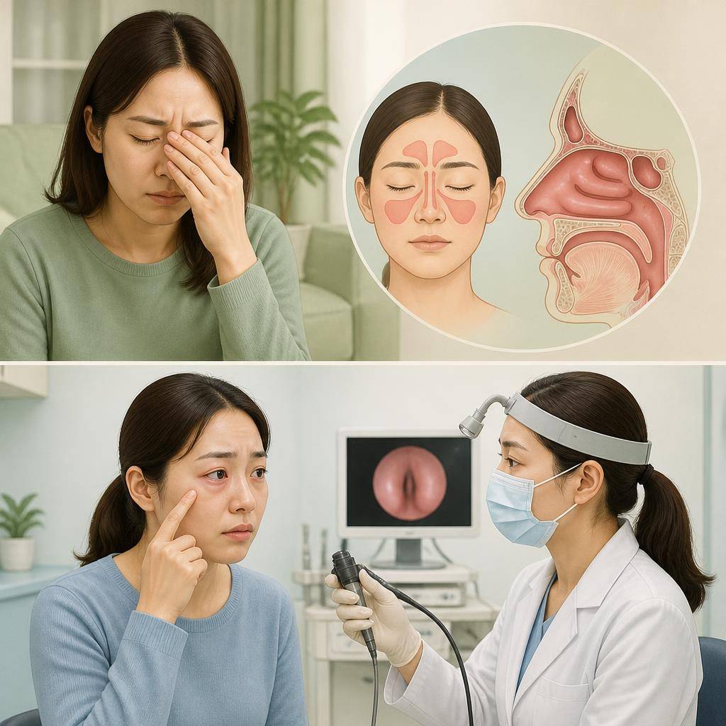 진료가 필요한 비부비동염 경고 신호를 알기 쉽게 보여주는 의료 안내 그림, 코막힘과 얼굴 