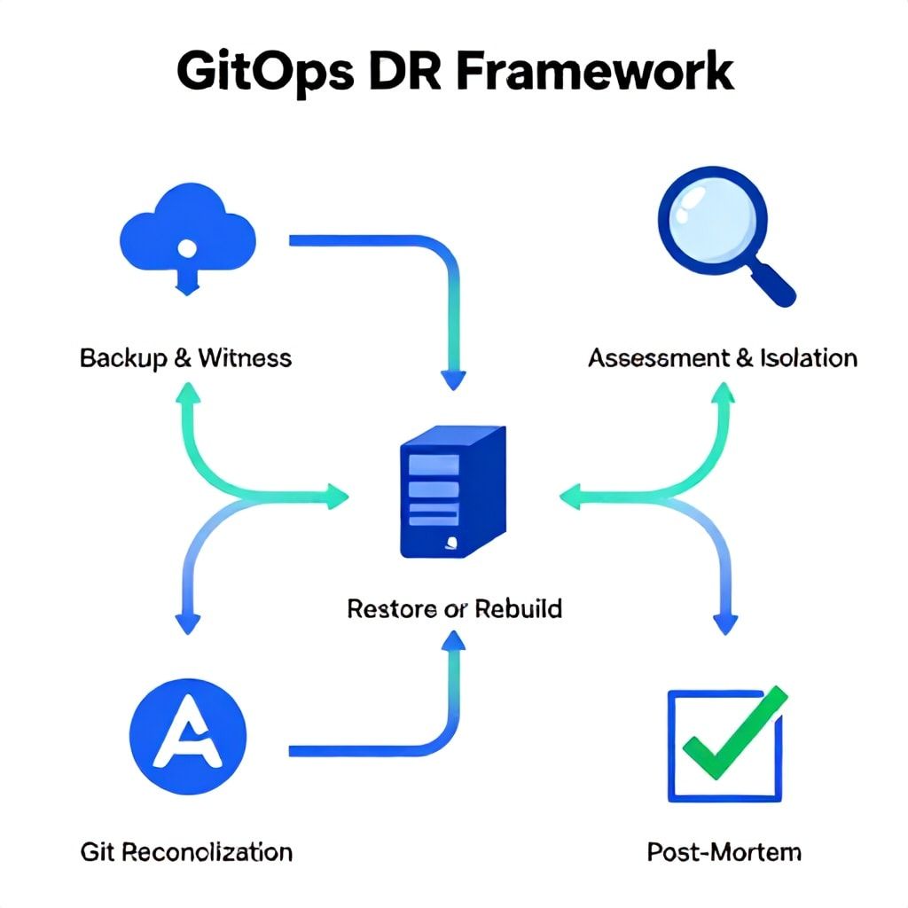 Five-phase GitOps disaster recovery framework flowchart from backup to post-mortem