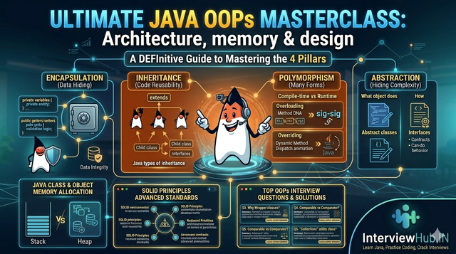 Java OOP interview questions and concepts guide by InterviewHub covering encapsulation, inheritance, polymorphism, abstraction, SOLID principles, and advanced Java OOP concepts.