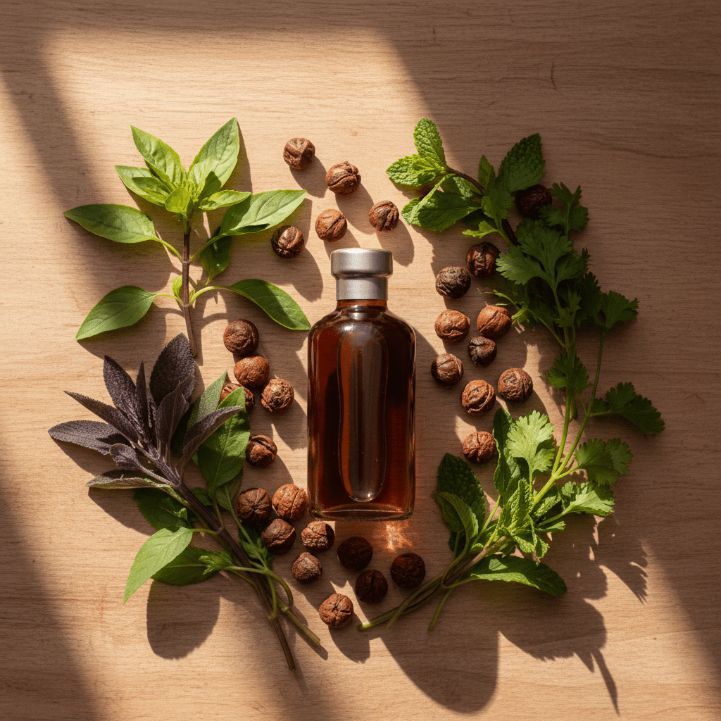 Amla seeds and cold-pressed oil flat lay