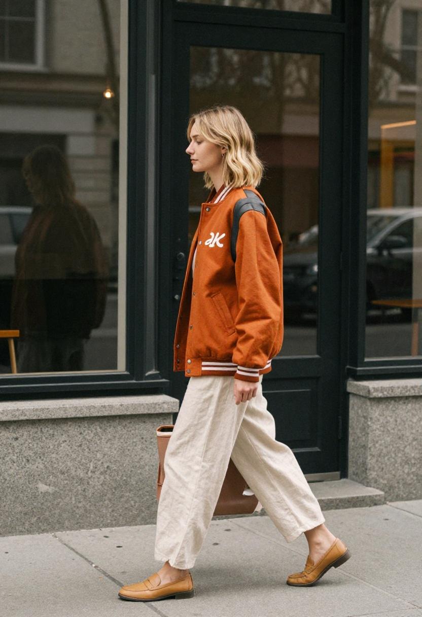 Woman in a burnt orange varsity jacket with wide-leg linen trousers in an urban spring setting
