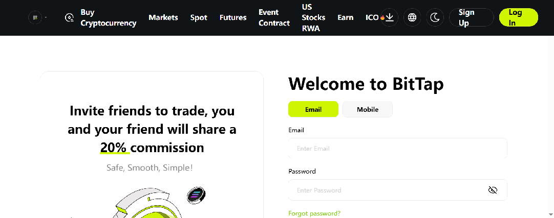 Forensic screenshot of bittap-login.at showing the phishing page layout