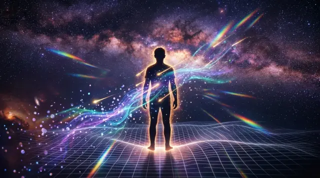 Human silhouette surrounded by luminous cosmic particles and electromagnetic waves in vast space