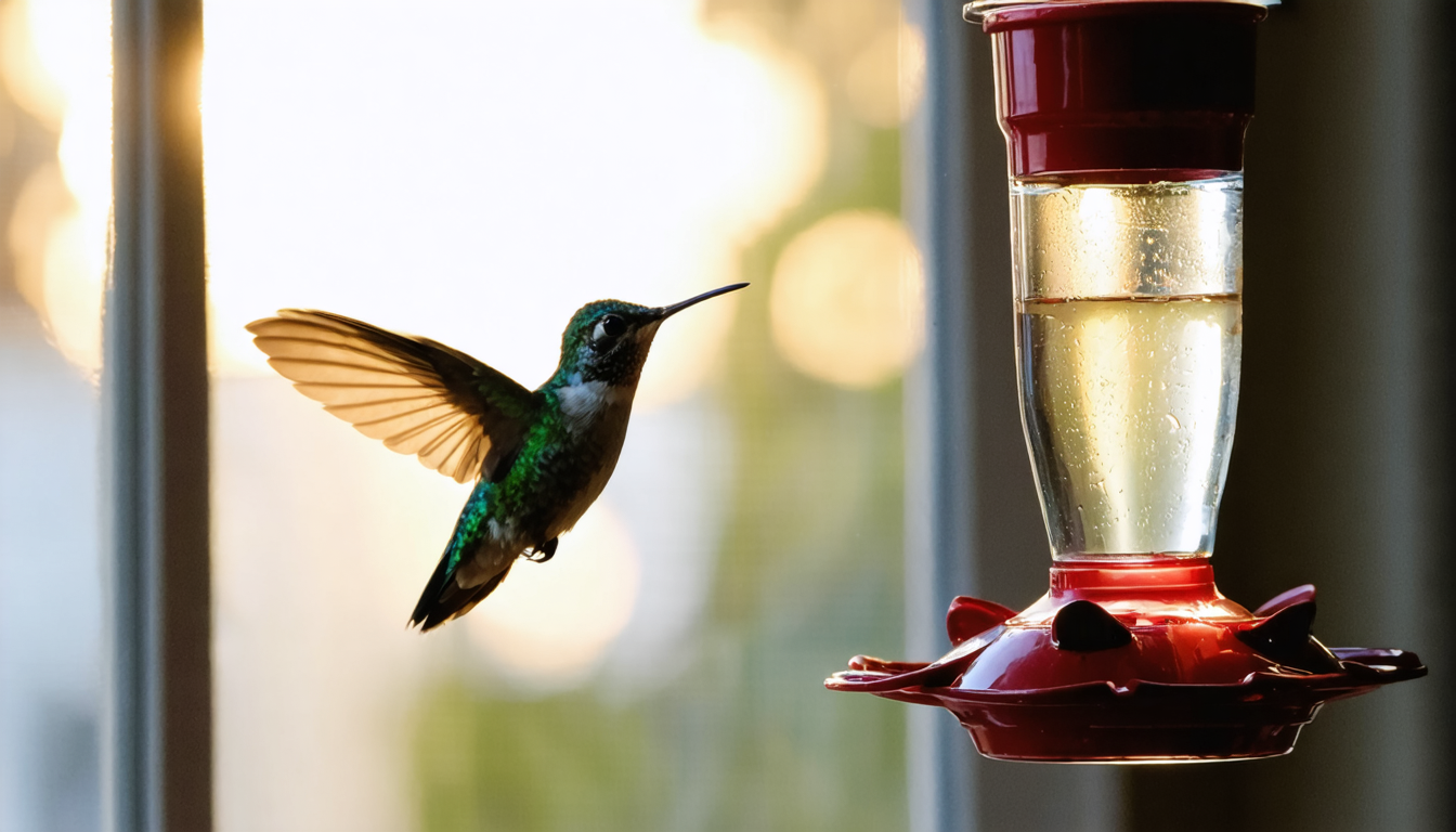 A hummingbird hovering motionless at a glass feeder against a blurred urban backdrop, wings a blur of motion.