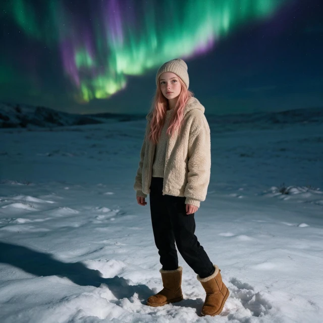 A girl with long wavy hair, wearing a beige warm fluffy winter jacket with a knitted sweater under and black pants, wearing Ugg boots and a beige beanie, standing in a snowy meadow, snow on ground, looking melancholic, three-quarter view, high details, northern lights in the sky, cinematic.