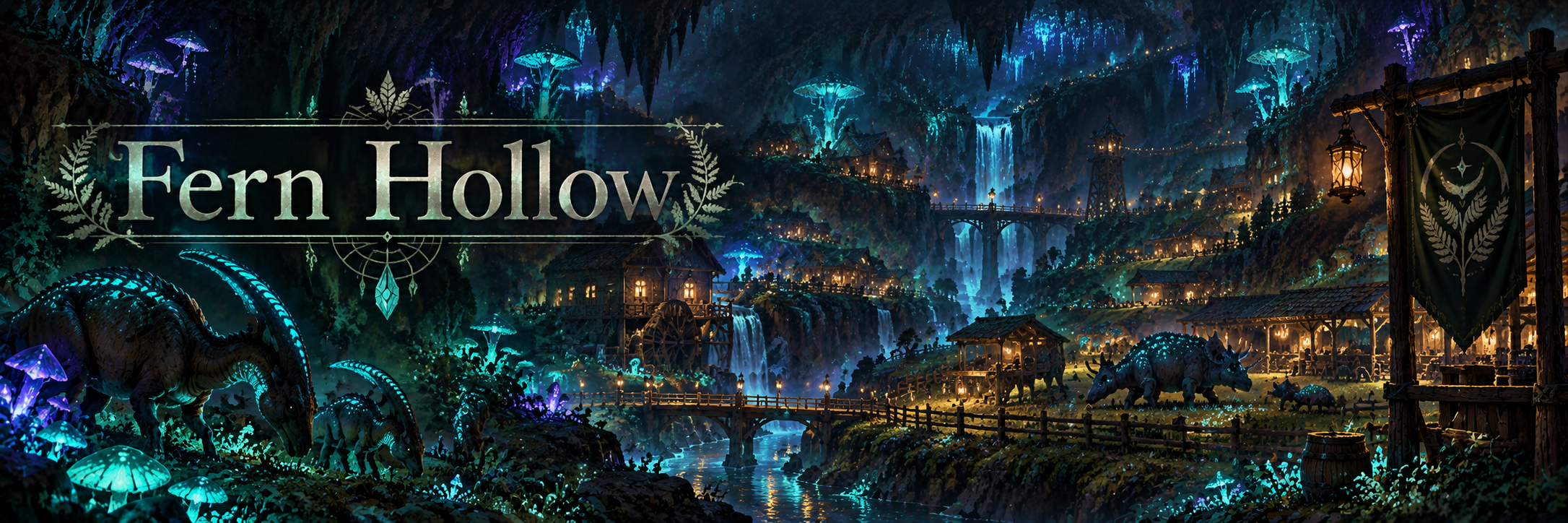 Fern Hollow, a broad green cavern settlement shaped by glowing pasture and working ranches