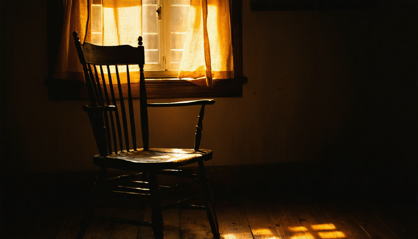 An empty wooden chair in a dim room, warm residual light and dust hanging in the air where someone should be sitting.