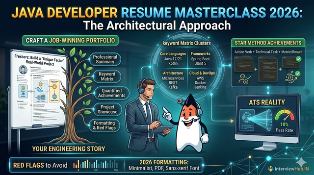 Java Developer Resume Tips 2026 guide by InterviewHub covering ATS-friendly resume formatting, Java developer skills, Spring Boot, Microservices, AWS, resume projects, and job-winning portfolio strategies.