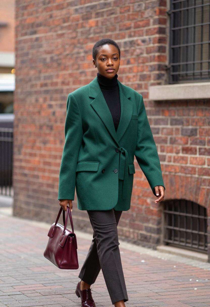 Emerald blazer over black turtleneck with camel trousers