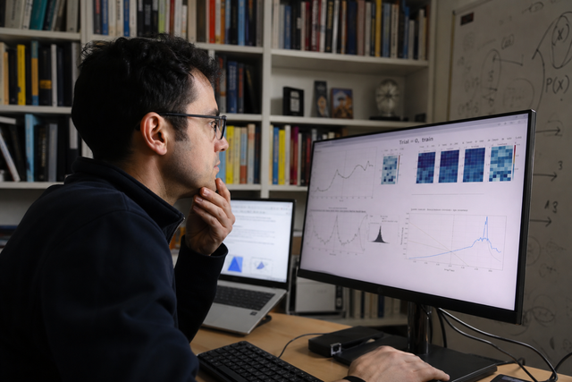 Photorealistic photojournalistic image of a university researcher studying artificial intelligence data charts on a monitor in a laboratory,
