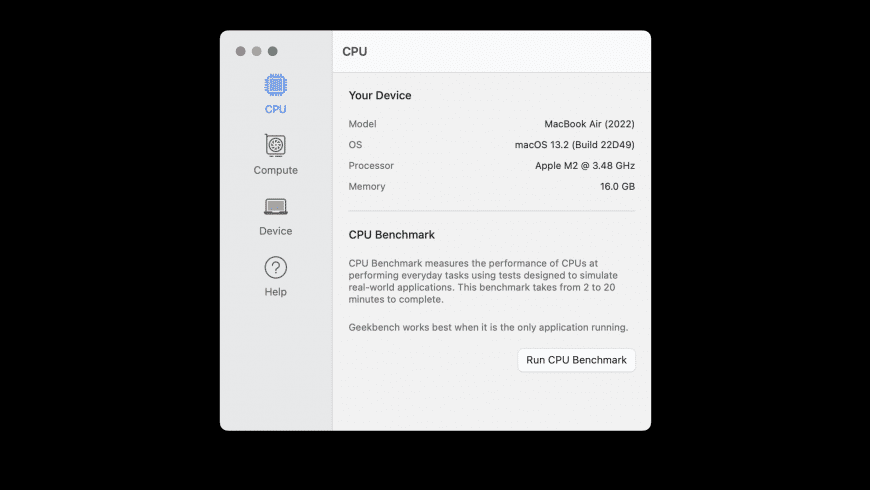 Geekbench for Mac — benchmark interface showing CPU and GPU performance scores