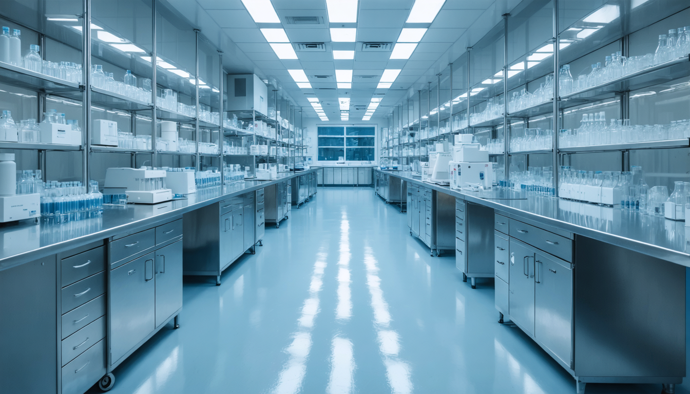 Industrial pharmaceutical laboratory equipment sitting empty and unused in cold fluorescent light