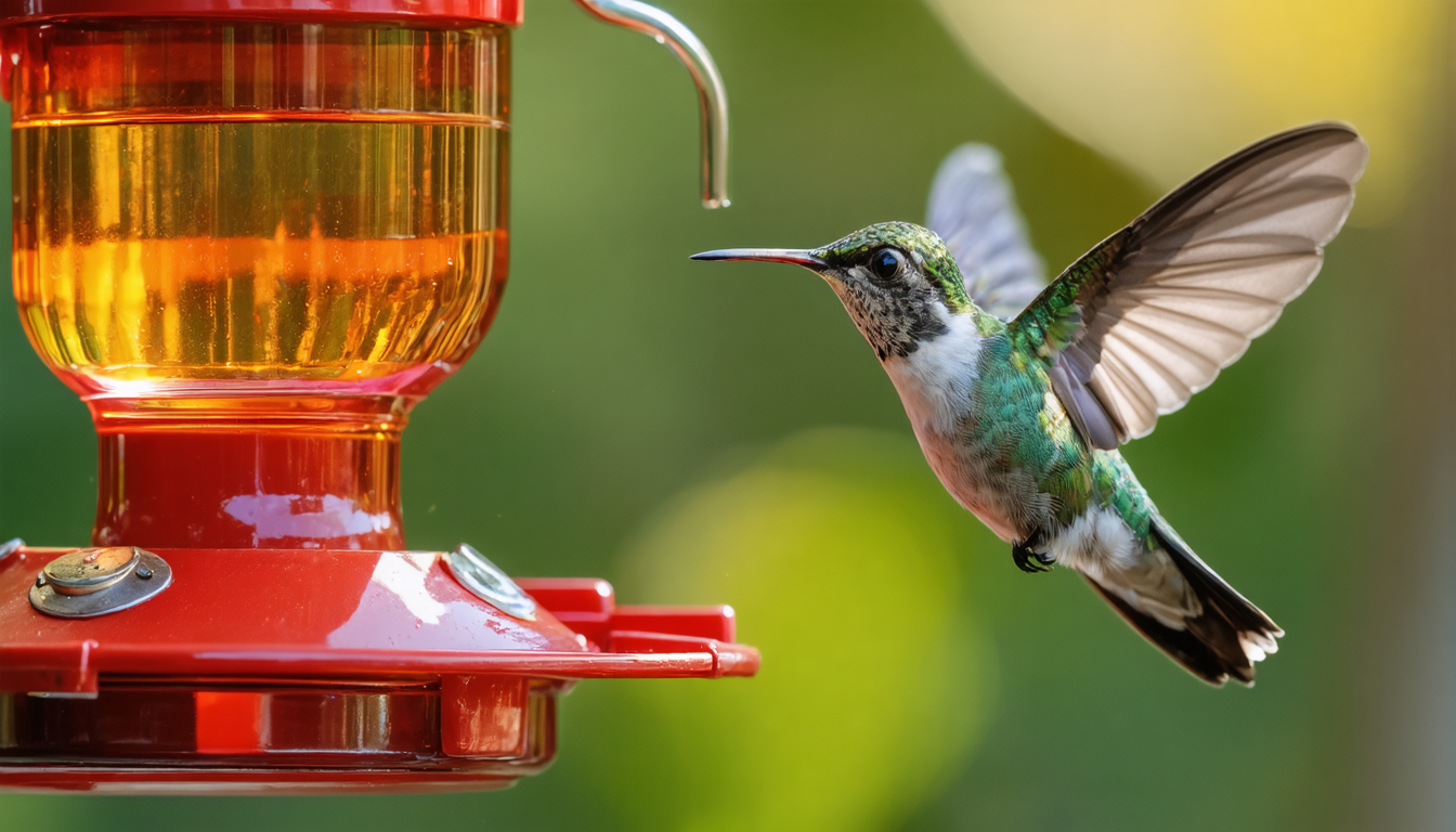 A hummingbird hovering at a glass feeder, wings blurred with motion, caught in bright California morning light.