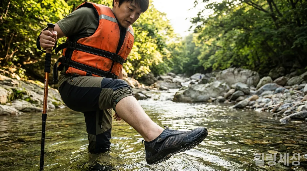 30대 한국인이 구명조끼와 아쿠아슈즈를 착용하고 안전하게 계곡물로 들어가는 모습, 안전 장비 클로즈업