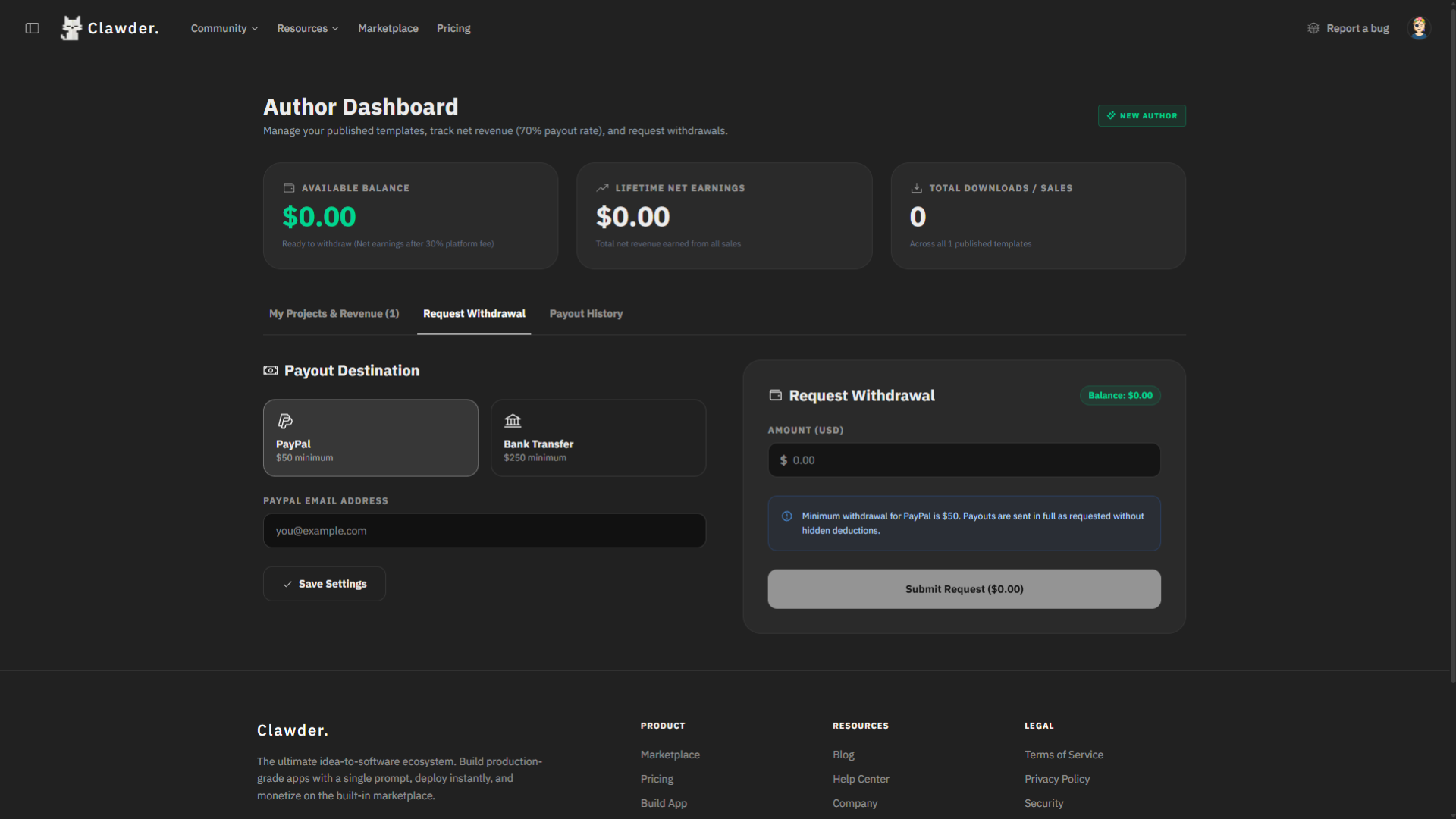 Author dashboard — request withdrawal