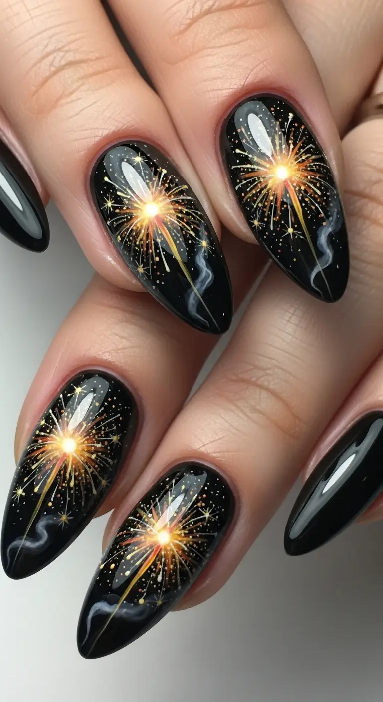 Sparkler Fireworks Hand-Painted on Black Base Almond Nails