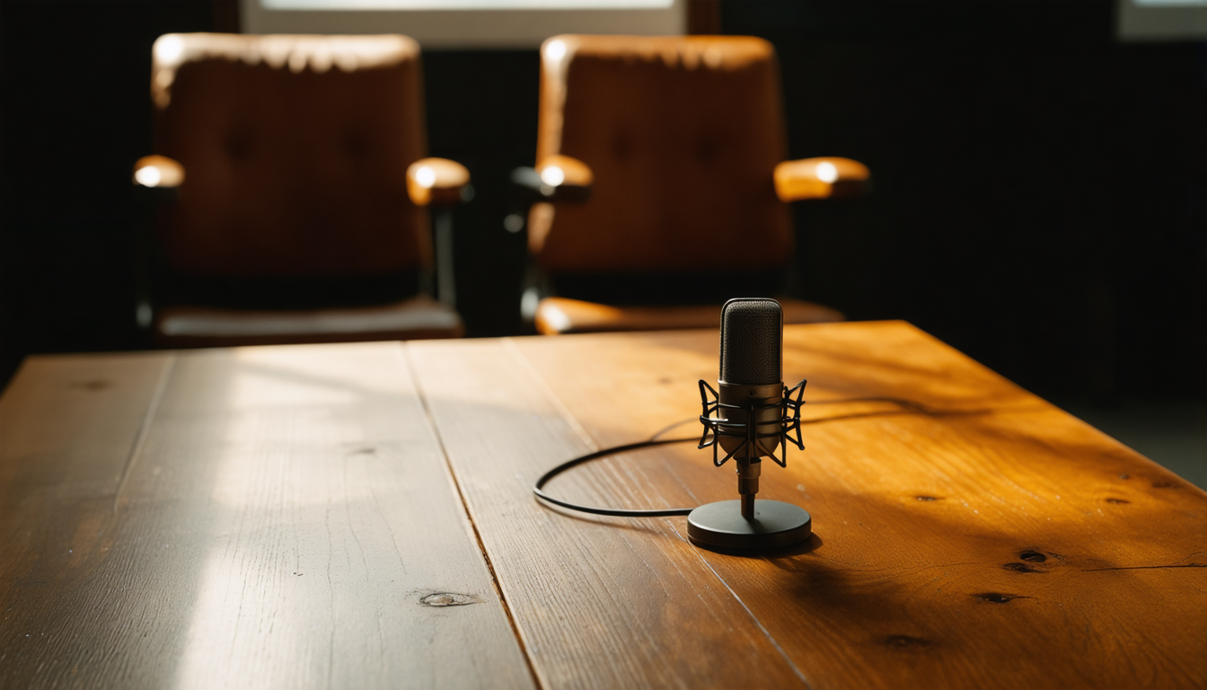 A single microphone on a wooden table in a dim studio, warm light pooling around it, empty chairs slightly out of focus.