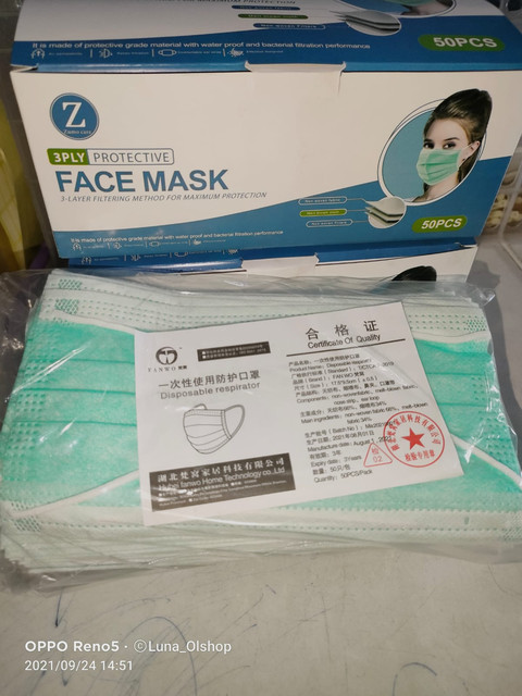 Masker EARLOOP Hijau, Hitam & Putih 3 PLY isi 50 pcs