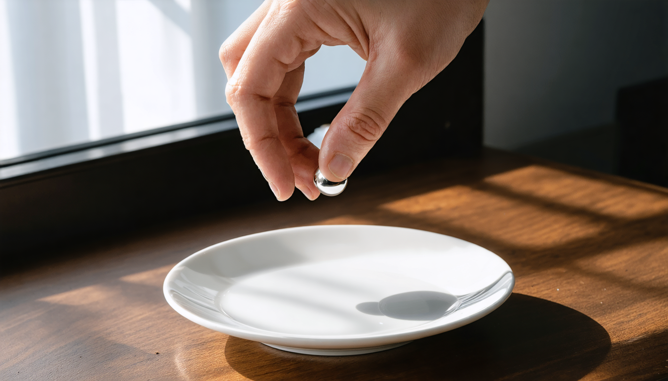 A hand releasing a metal ball bearing mid-air above a ceramic plate on a dark wooden desk, captured at the moment of letting go.