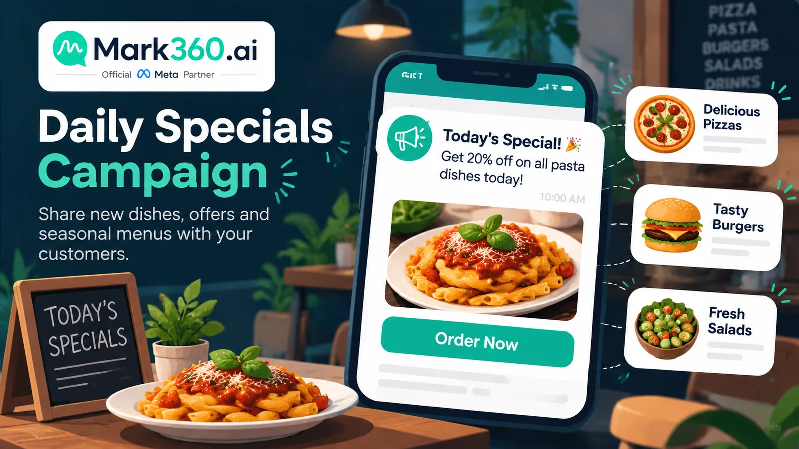 Restaurant daily special WhatsApp marketing broadcast with Order now button