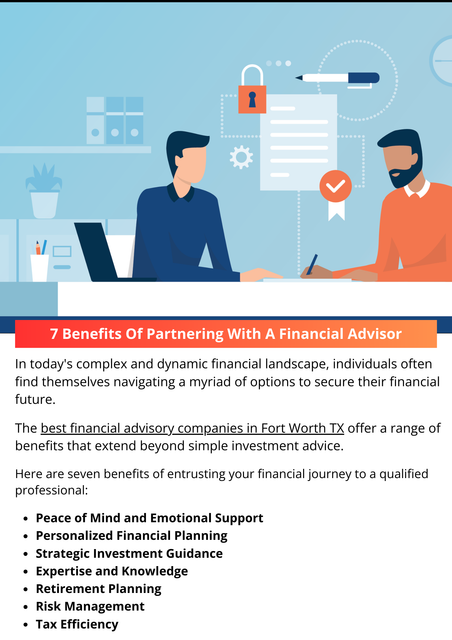 In today's complex and dynamic financial landscape, individuals often find themselves navigating a myriad of options to secure their financial future. While some may opt for a DIY approach, partnering with a seasoned financial advisor can provide a multitude of advantages. To know more visit here https://www.alignedwealthadv.com/financial-planning-fort-worth-tx