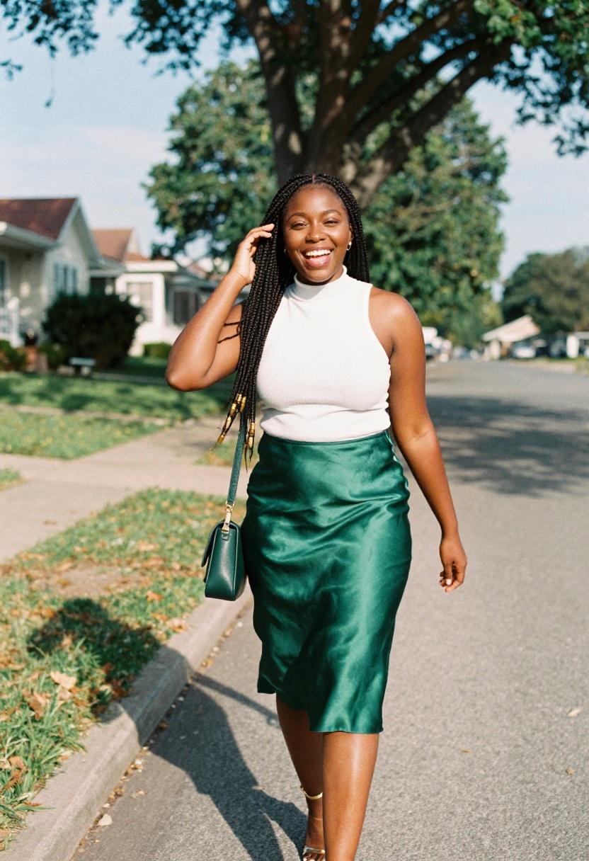 Kelly green satin slip skirt with white turtleneck and gold sandals on a sunny street