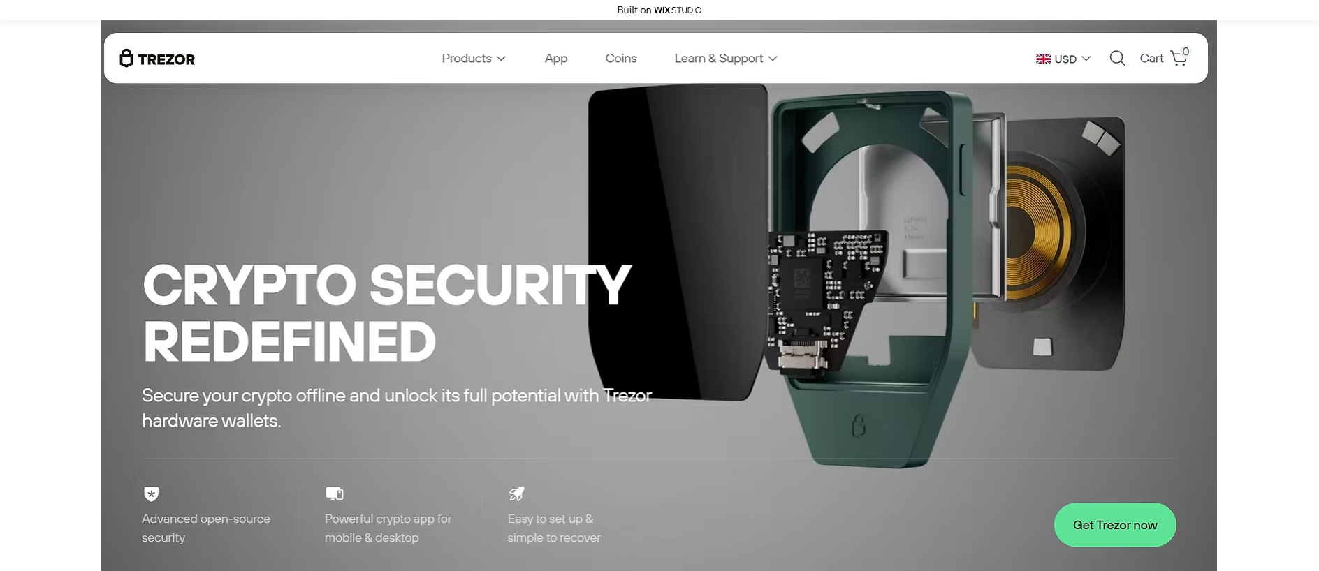 Forensic screenshot of suiteapps-trezro.wixstudio.com showing the phishing page layout