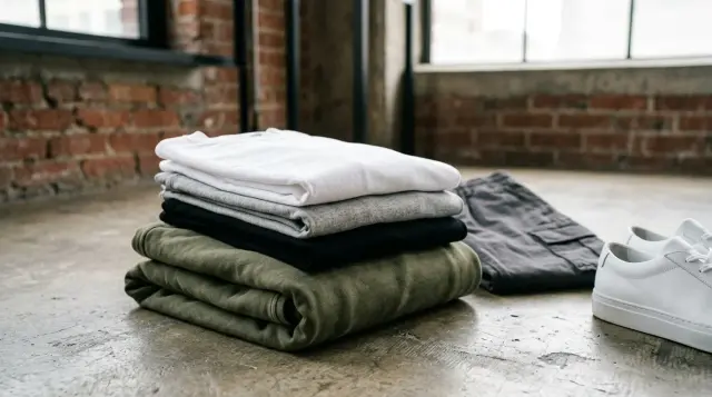Neatly stacked streetwear essentials including plain tees and hoodie on concrete surface, minimal and aspirational