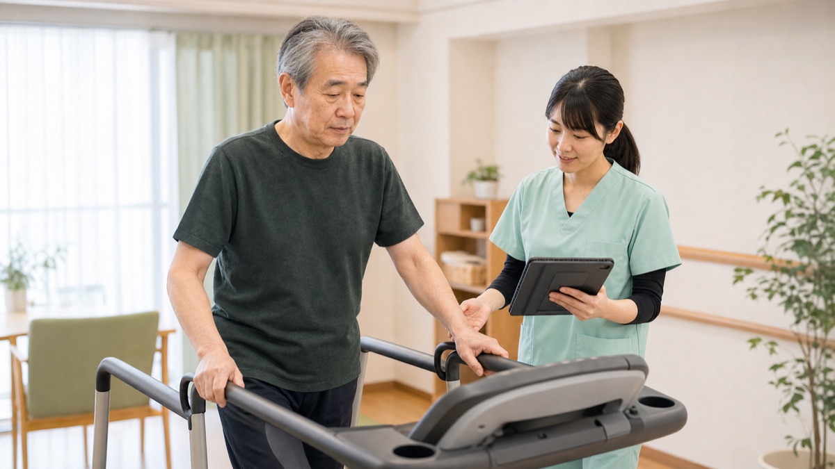 脳卒中後のHIITでトレッドミル歩行を療法士が見守る場面