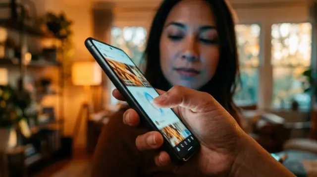 Hand swiping glowing smartphone screen at golden hour, contemplative mood, warm bokeh background
