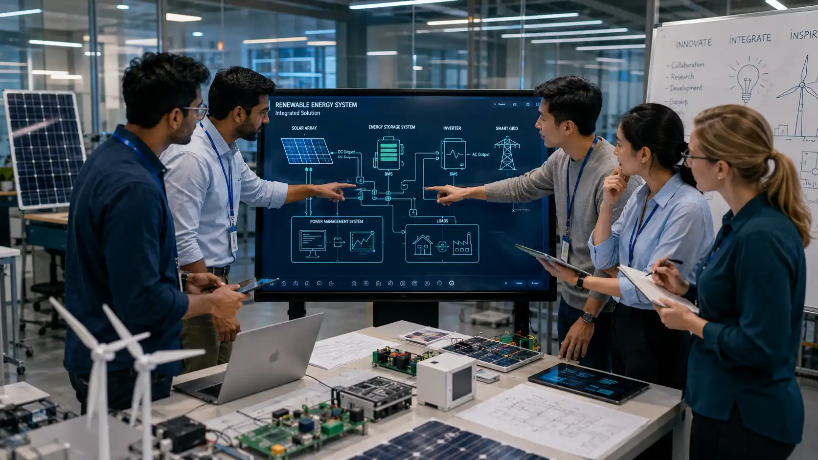 Two technical teams collaborating on renewable energy system design