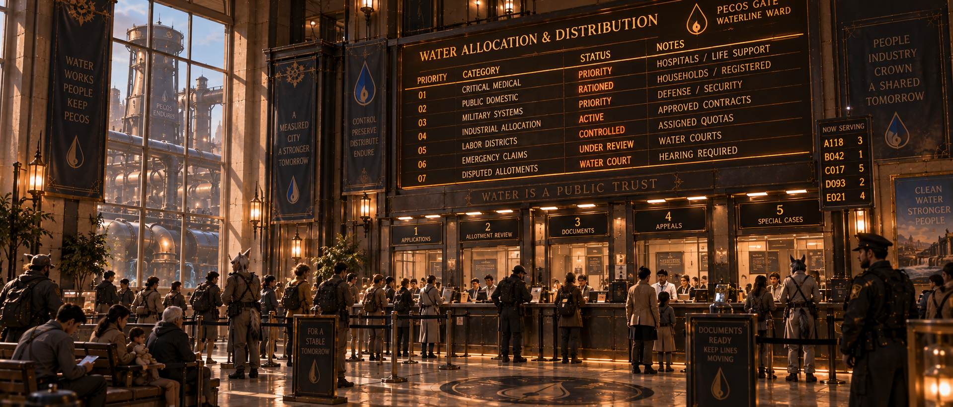Municipal water ration office in Waterline with waiting lines, service counters and allocation displays.