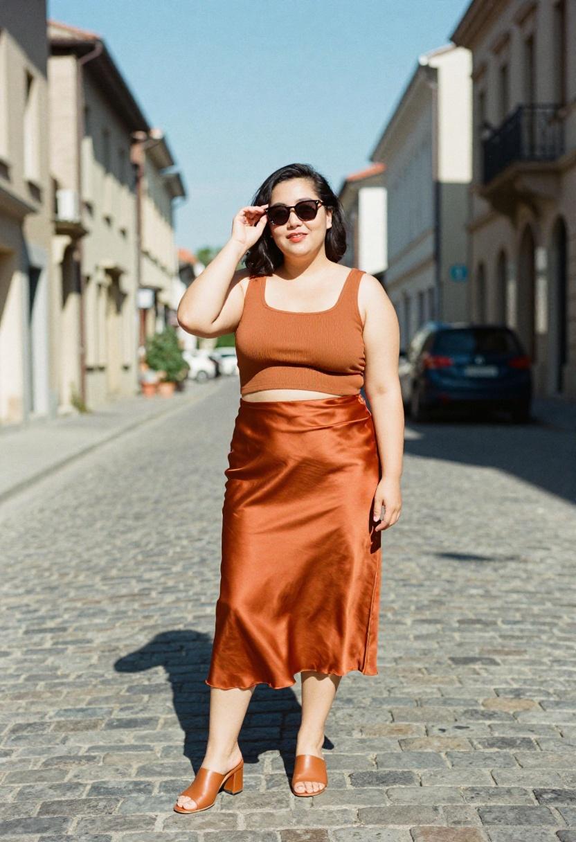 Terracotta satin midi skirt with ribbed crop top for vacation style