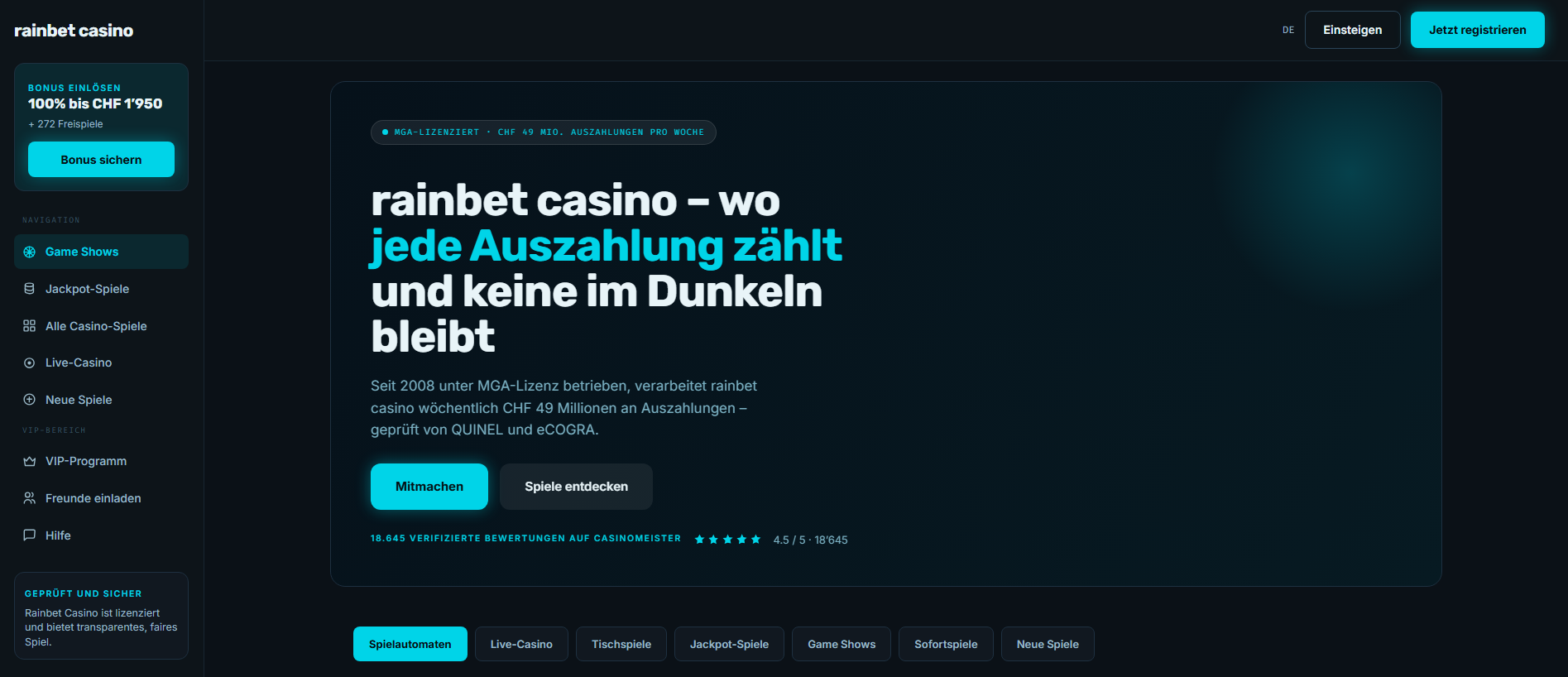 Forensic screenshot of rainbet-online.ch showing the phishing page layout