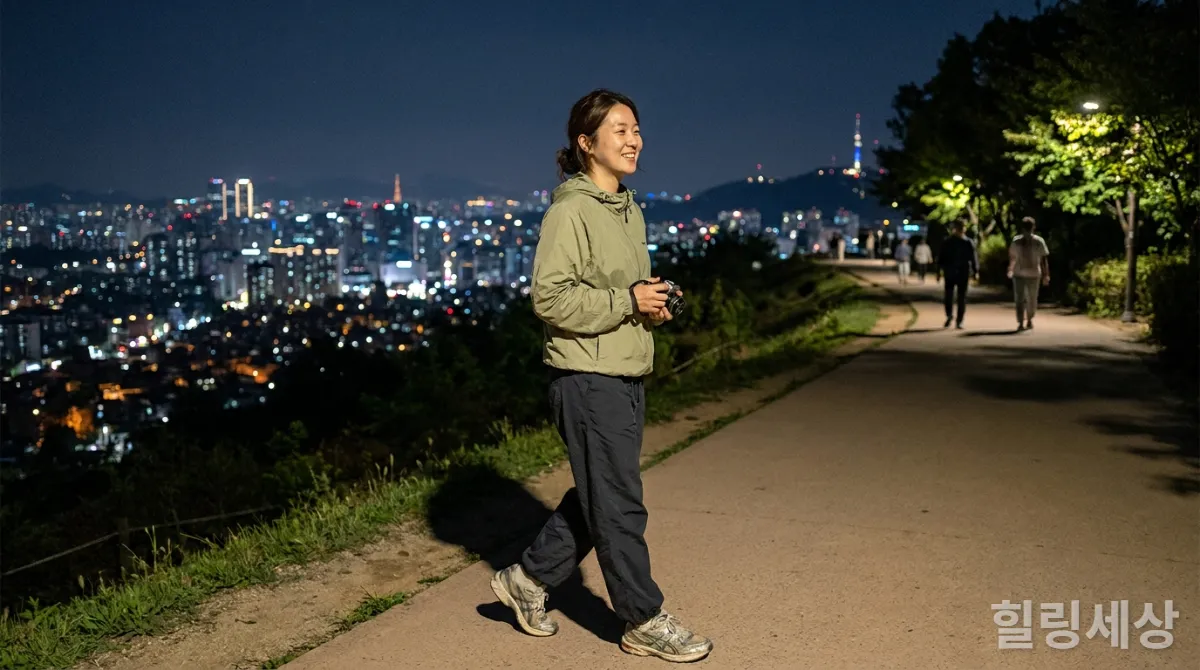 30대 한국인 여성이 야경 산책을 위해 편안한 운동화와 가벼운 재킷을 착용하는 모습