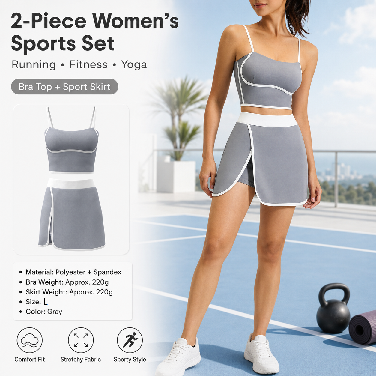 Grey L Size Women's Linear Sports Set - Polyester Spandex Blend with Adjustable Straps, Removable Pads and Anti-Exposure Skirt for Yoga, Running and Gym