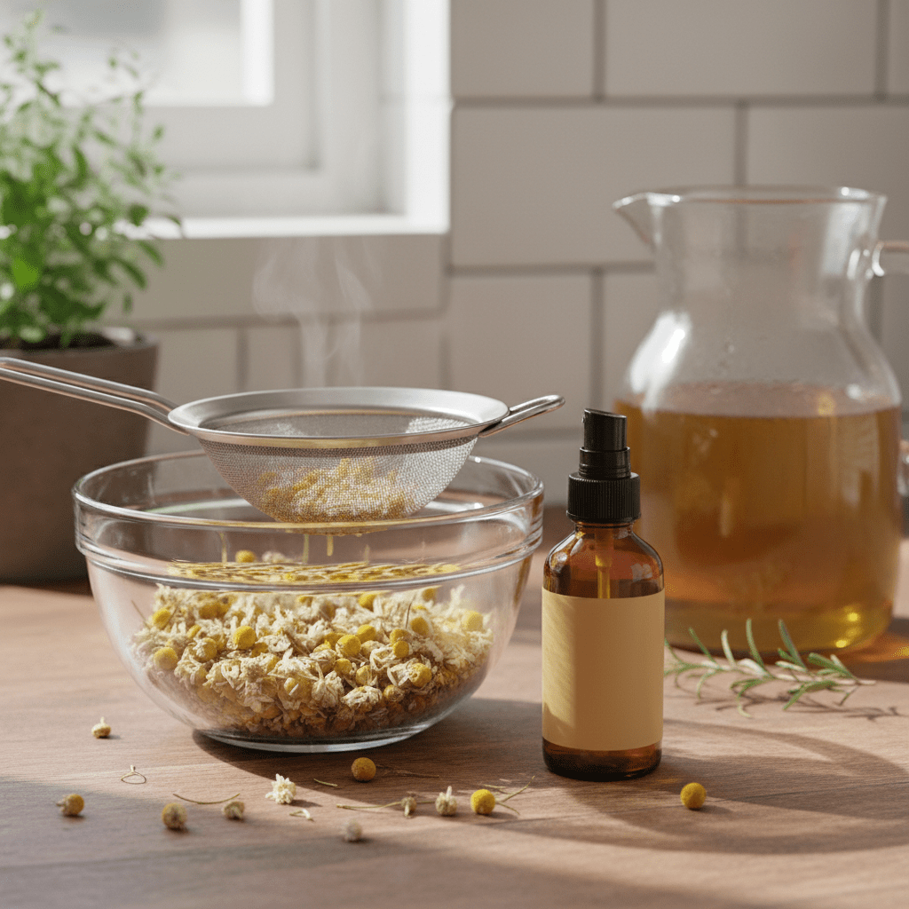 DIY chamomile toner ingredients with dried flowers and spray bottle