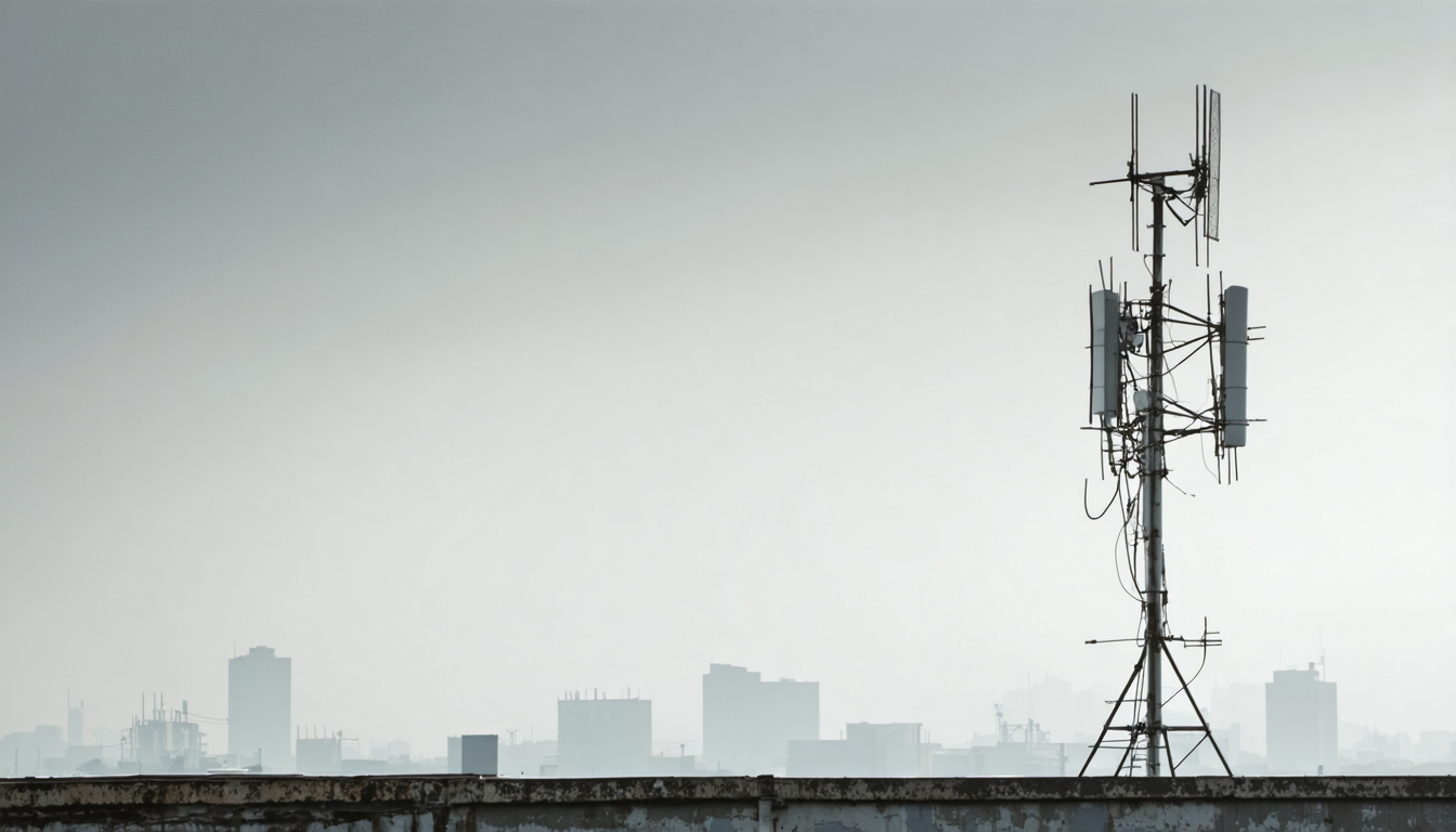 A lone rusted rooftop antenna reaching into a blank overcast sky, still aimed at a signal that is no longer there.