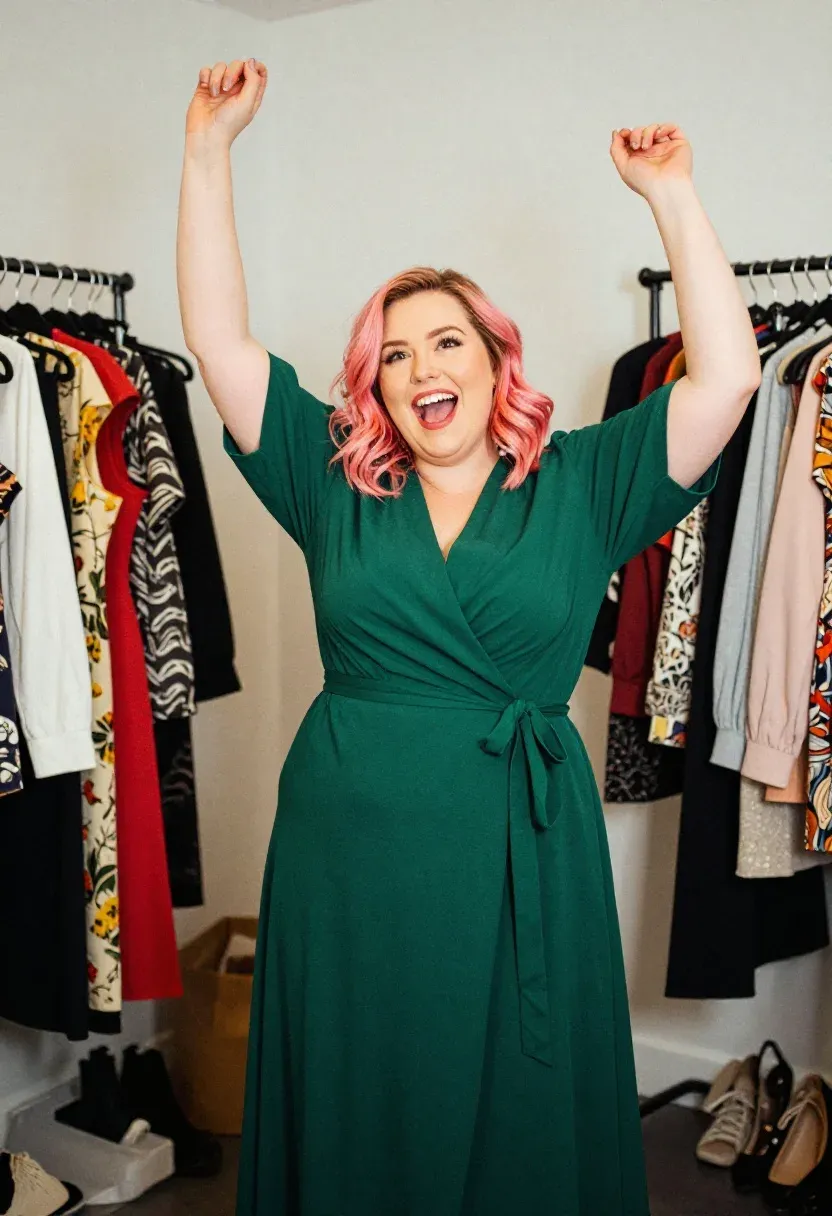 Plus-size woman with pink-dyed hair in an emerald green wrap dress with arms raised in a joyful pose